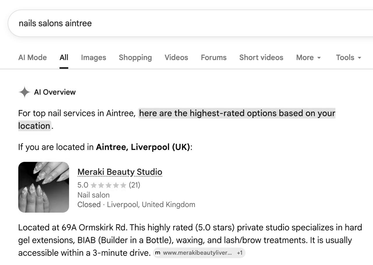 Google AI Overview for nails salons aintree cites Meraki Beauty Studio, showing a 5.0 rating from 21 reviews