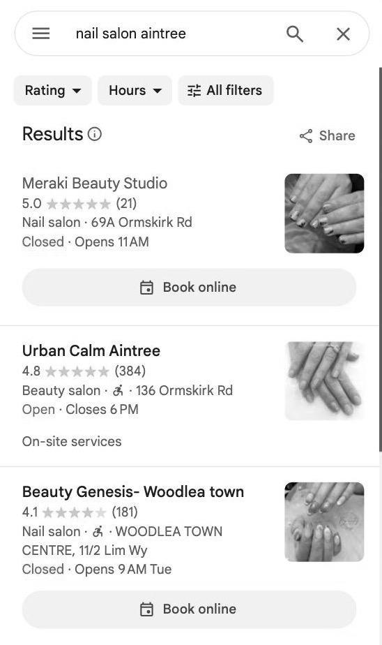 Google Maps results panel for nail salon aintree with Meraki Beauty Studio listed first